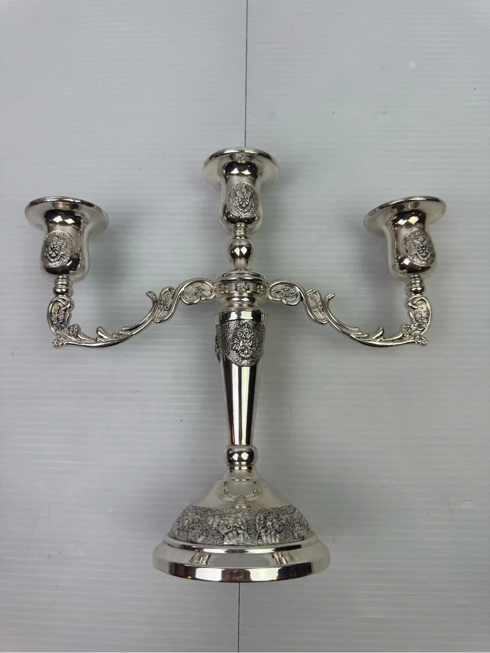 Vintage 3-Light Candelabra Silver Tone Metal Floral Embossed 7.5” Tall Ornate Ca